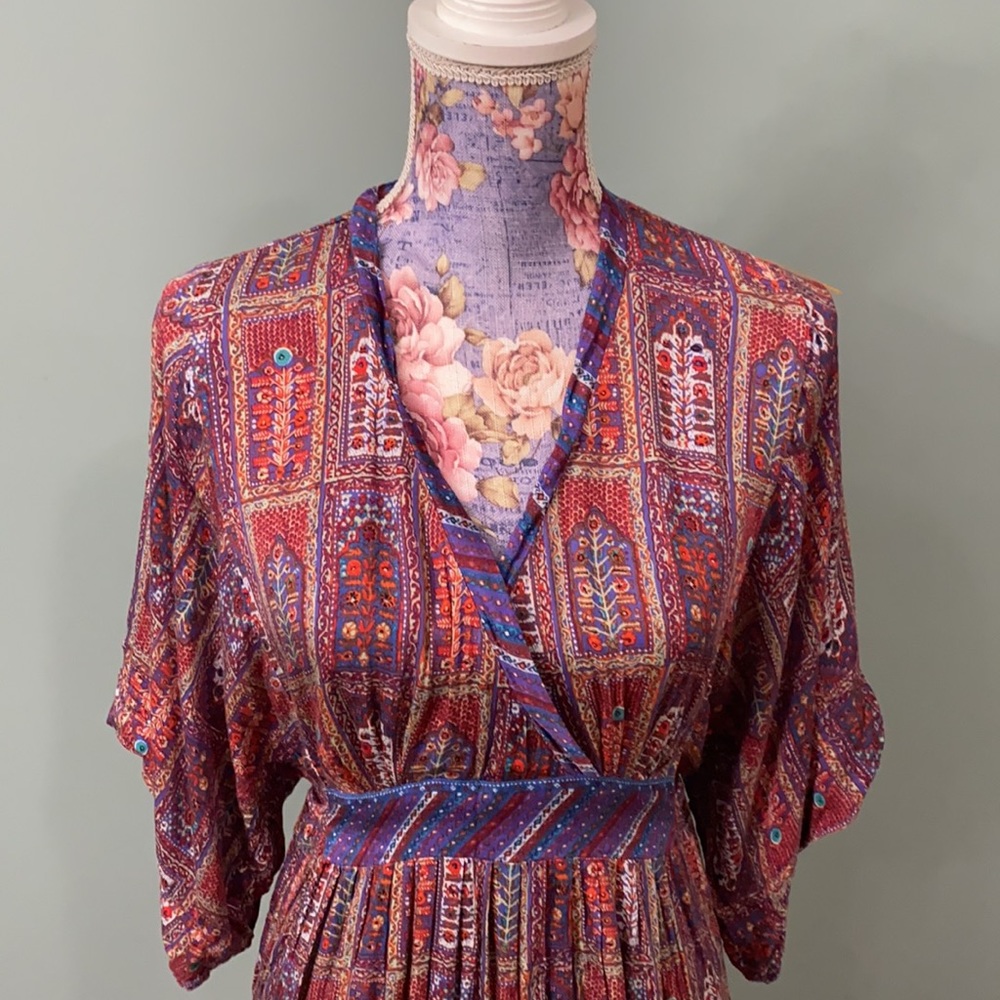 Anthropologie Tiny Omina Kimono Red Purple Printed Midi Dress Small - Picture 4 of 6